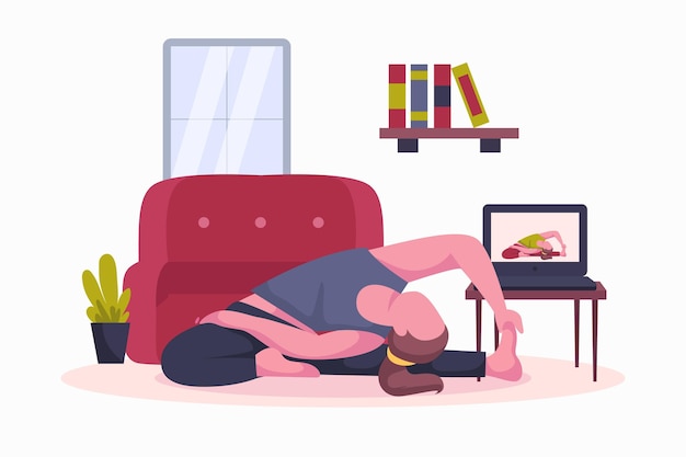 Donna disegnata facendo lezioni di sport online