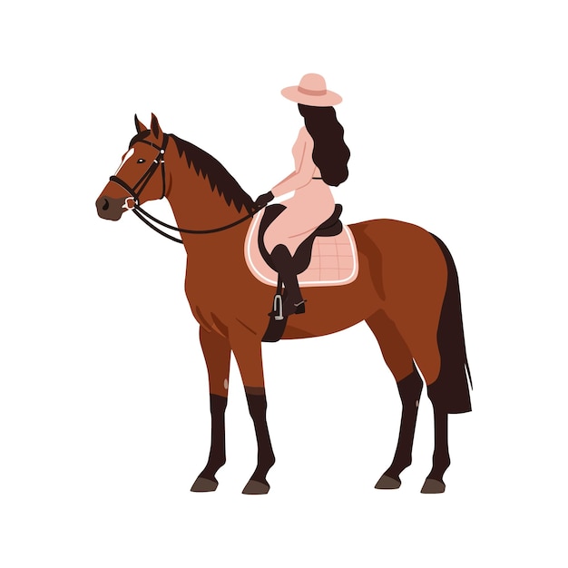 Donna elegante a cavallo di un cavallo marrone in un'illustrazione vettoriale in stile vettoriale piatto minimo