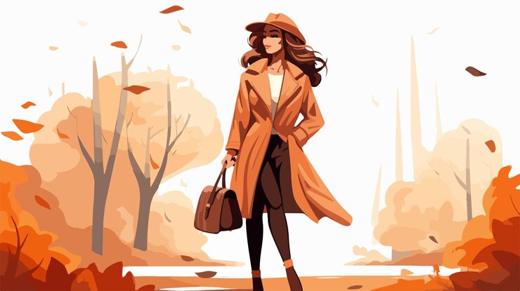 Vettore donna elegante con borsa marrone in autumn park