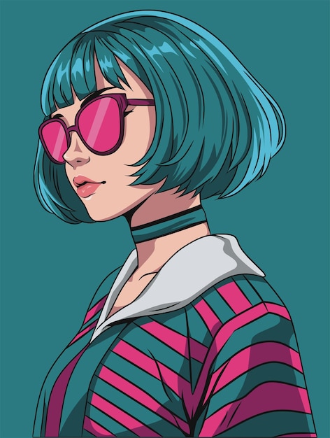 Donna elegante con i capelli verdi e gli occhiali da sole rosa in illustrazione vettoriale in stile Pop Art