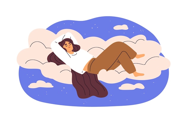 Donna felice che dorme su una nuvola morbida Ragazza sdraiata che si rilassa nel cielo del cielo addormentata Riposo di sogno sano Concept di calma di rilassamento Illustrazione vettoriale grafica piatta isolata su sfondo bianco