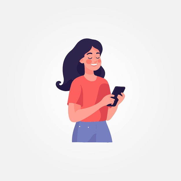 donna felice che lavora all'illustrazione di vettore del cellulare