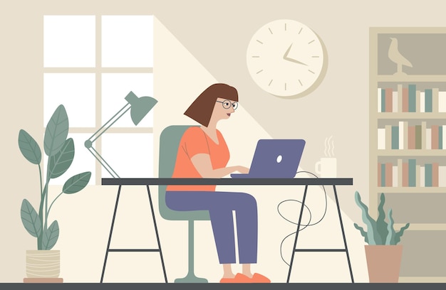 Donna freelance che lavora da casa lavoro a distanza istruzione online accogliente home office produttività