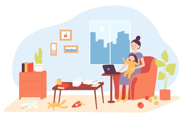 Donna freelance di cartoni animati che tiene il bambino e lavora da remoto a casa Stare a casa con un bambino Mamma con bambino