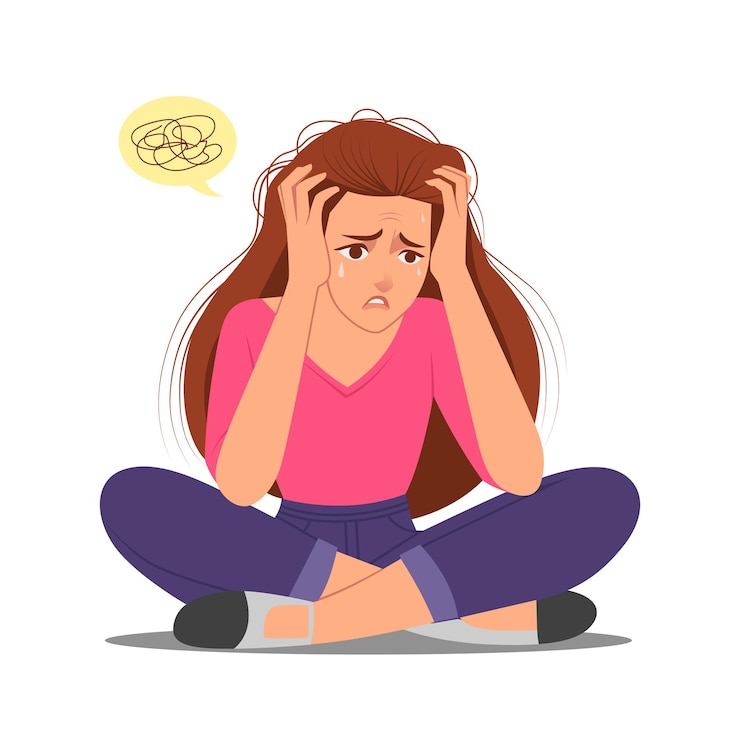 Vettore donna frustrata con ansia e stress mentale vettoriale illustrazione piatta concetto di salute mentale