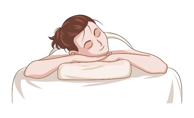 Donna giace comodamente su un letto da massaggio in una spa isolata su una illustrazione a sfondo bianco