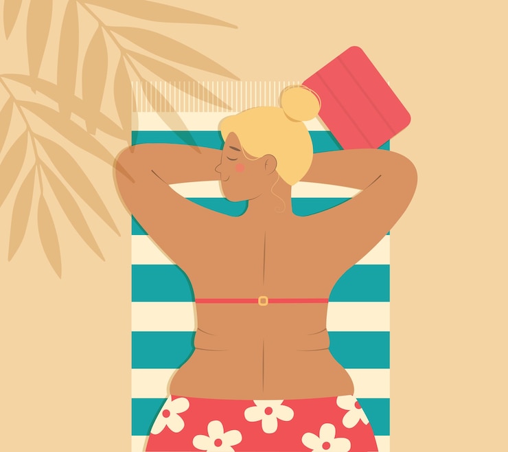 Vettore donna grassoccia in costume da bagno sdraiato sulla spiaggia a prendere il sole ragazza rilassante in località balneare vettore