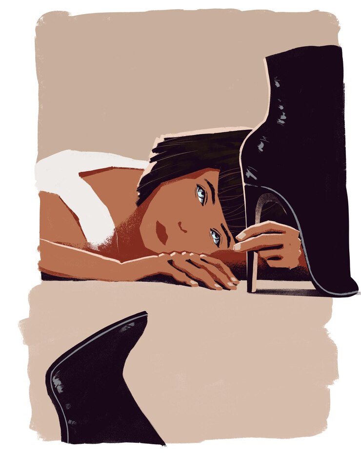 Vettore donna illustrazione contemporanea arte che stabilisce tenere un tacco scarpe
