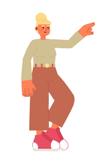 Donna in abiti casual e scarpe da ginnastica che mostrano direzione carattere vettoriale colorato semi piatto