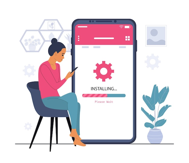 Donna in attesa che l'applicazione venga installata sul suo smartphone. Illustrazione vettoriale.