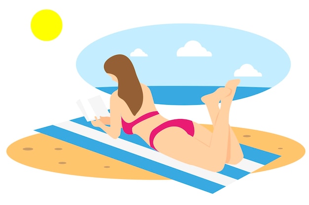 Donna in bikini sdraiata sulla spiaggia su un asciugamano a righe bianche blu che legge un libro Benessere in estate