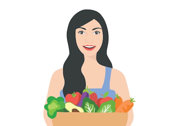 Donna in buona salute che tiene l'illustrazione di vettore della ciotola di cibo sano. Stile di vita sano, giornata mondiale dell'alimentazione