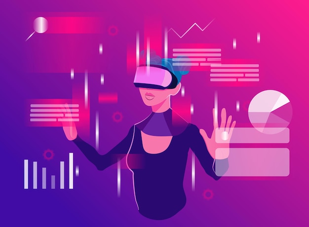 Donna in cuffia VR che esplora l'interfaccia digitale e lavora con i dati. Concetto di realtà virtuale
