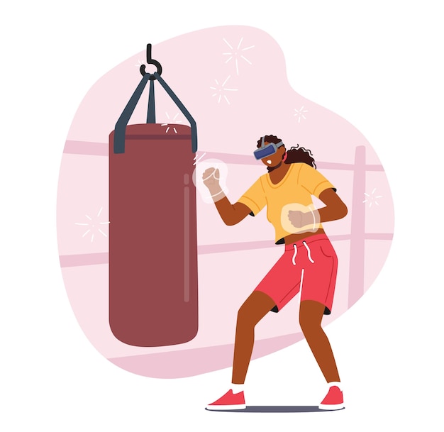 Donna in occhiali Vr Combattimento con sacco da boxe Realtà virtuale Ricreazione Gioco di battaglia Tecnologia futuristica Combattimento