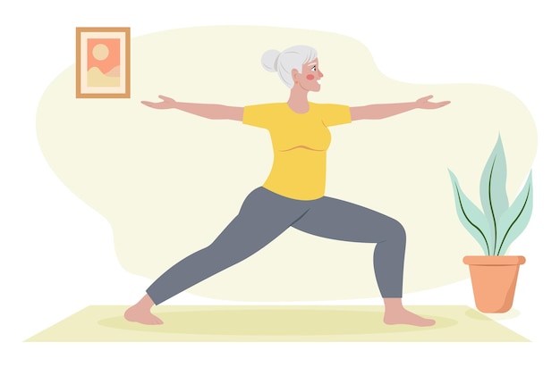 Donna in pensione che fa yoga a casa Stile di vita attivo Illustrazione vettoriale su sfondo bianco