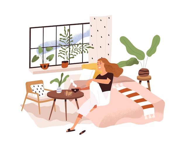 Donna in un momento di relax a casa, seduta sul letto al tavolino. Persona felice nella moderna camera da letto accogliente con tè la mattina del fine settimana. Femmina che riposa al chiuso. Illustrazione vettoriale piatta isolata su sfondo bianco.