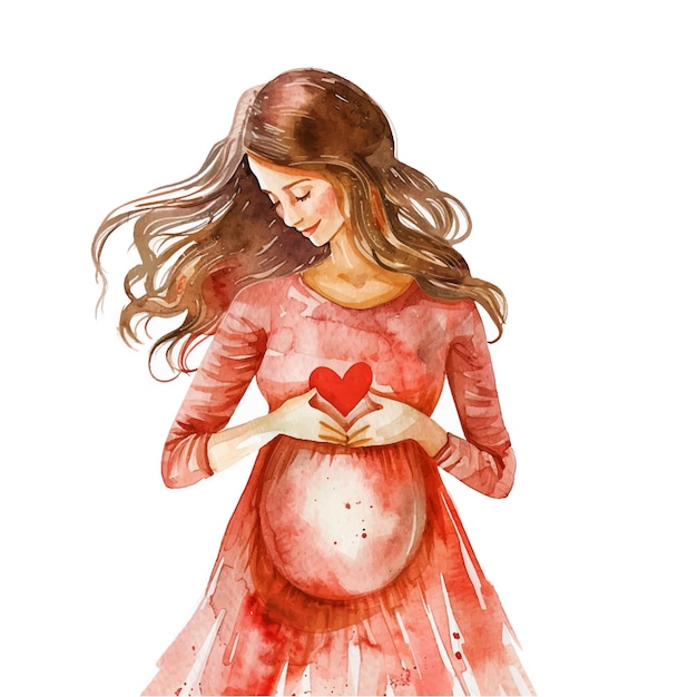 Donna incinta che fa una forma di cuore con i gesti delle mani pittura ad acquerello