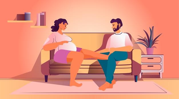 donna incinta felice futura mamma con il suo partner seduta insieme sul divano gravidanza maternità aspettative concetto soggiorno interno illustrazione vettoriale orizzontale