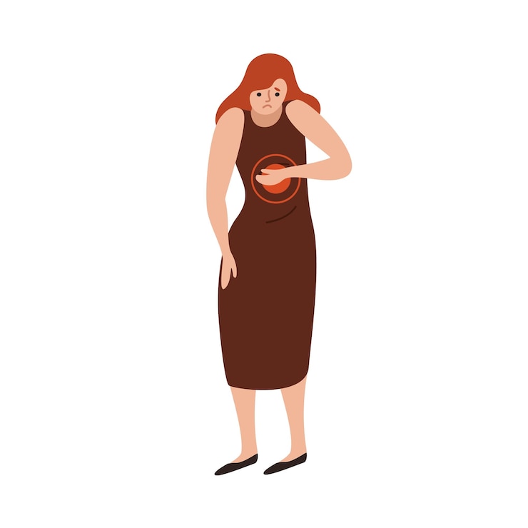 Vettore donna infelice che sente dolore nell'illustrazione piana di vettore del torace. donna indisposta con un'espressione facciale dolorosa che ha una malattia dei polmoni o del cuore isolata su bianco. signora triste che gesturing la malattia.