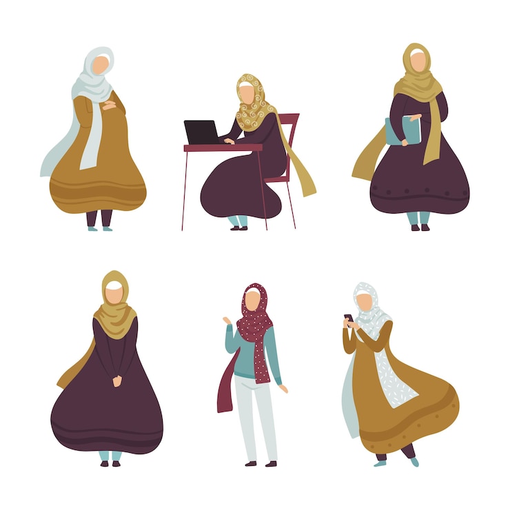 Vettore donna musulmana in hijab impegnata in un diverso set di vettori di attività