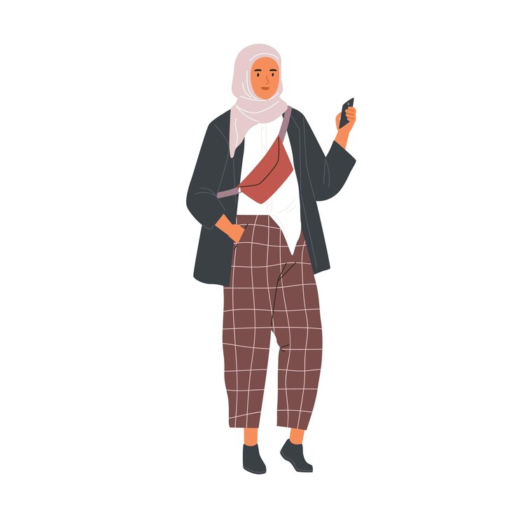 Vettore donna musulmana moderna che indossa abiti casual alla moda e hijab tramite telefono. personaggio femminile arabo di moda in pantaloni e copricapo tradizionale. illustrazione vettoriale piatta isolata su sfondo bianco.