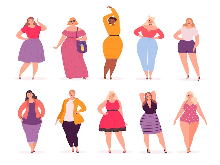 Vettore donna over size. persone adulte grasse curvy in abiti casual vettore persone personaggi dei cartoni animati