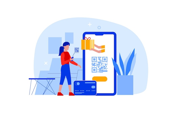 Donna piatta con telefono cellulare in mano scansiona il codice qr per il pagamento online. Personaggio che utilizza l'app ID scanner per smartphone per la scansione di codici a barre o la tecnologia di transazione di denaro. Concetto di acquisto senza contatto.
