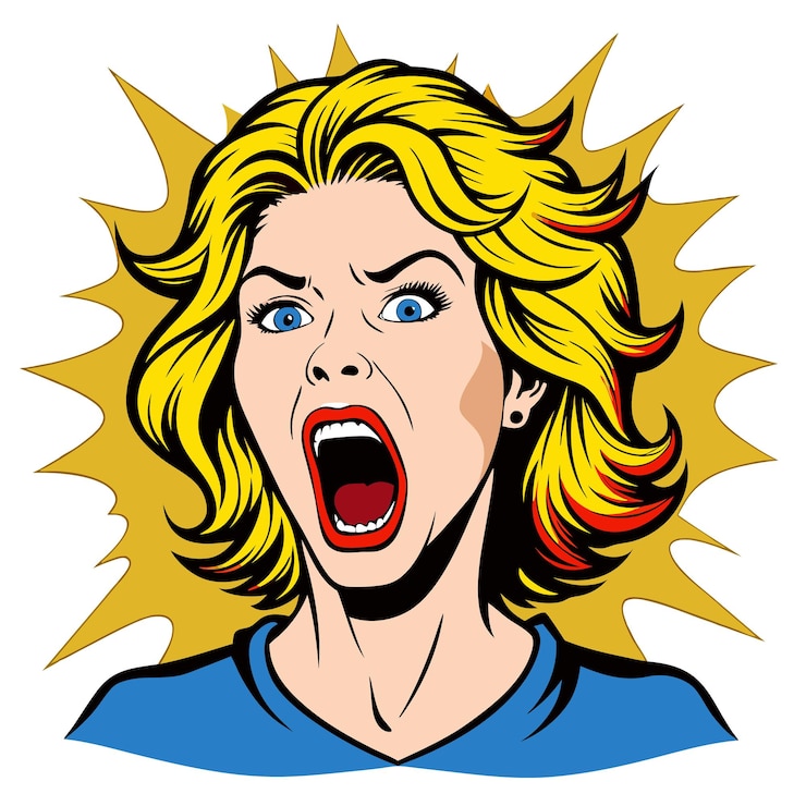 Vettore donna pop art che urla in stile cartone animato comico con un tema di vendita audace