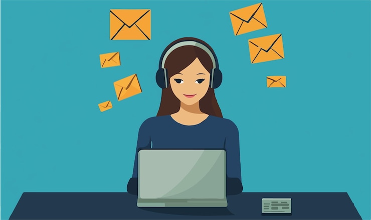 Vettore donna professionista che gestisce le e-mail di assistenza clienti