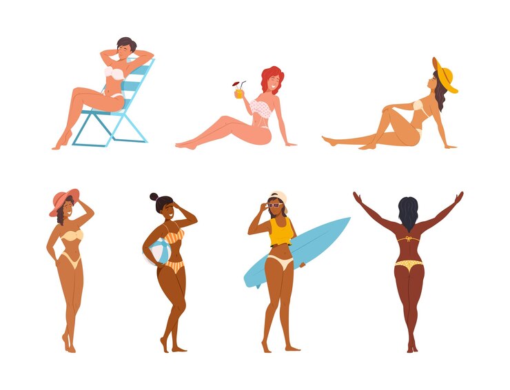 Vettore donna rilassata che riposa sulla spiaggia che indossa il costume da bagno femminile in bikini diversi costumi da bagno