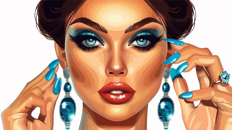 Vettore donna sbalorditiva con un trucco impeccabile e un'elegante manicure blu
