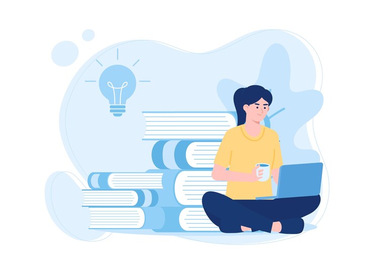 donna seduta davanti al portatile e che legge un libro online concetto di istruzione online illustrazione piatta