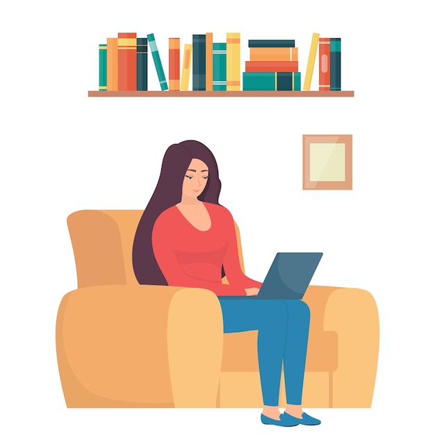 Donna seduta su sedia con laptop Ragazza con laptop che lavora a distanza Illustrazione del concetto di lavoro freelance online Lavorare da casa Vettore di stile piatto moderno