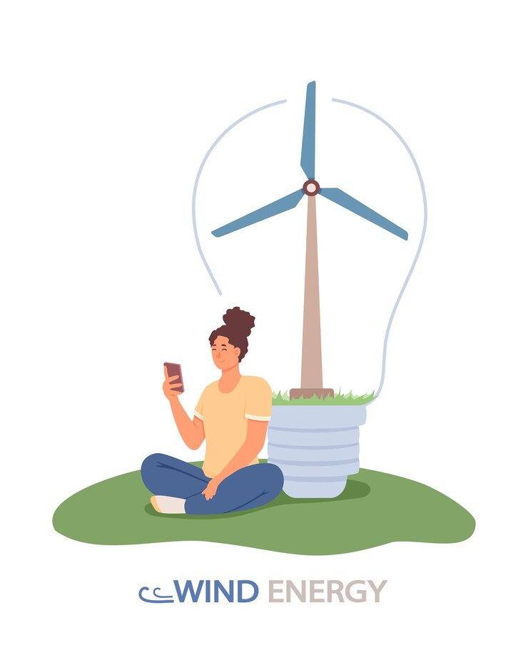 Vettore donna seduta vicino al mulino a vento e con in mano lo smartphone concetto di uso razionale dell'energia naturale