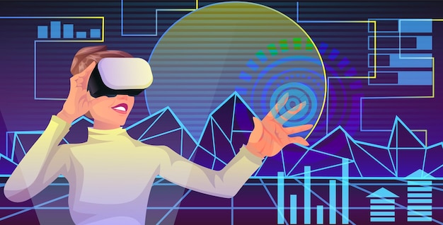 Donna sorridente in abiti casual che indossa occhiali VR toccando la realtà virtuale mondo spazio ologramma interfaccia digitale tecnologia di rete astratto cyberspazio scienza futuristica Illustrazione vettoriale