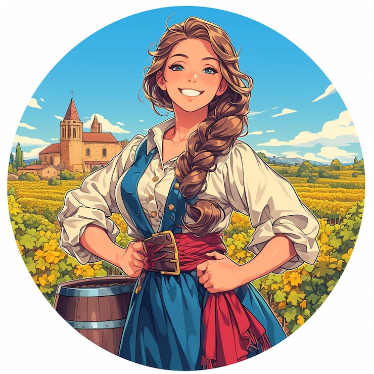 Vettore donna spagnola in abito di viticoltore nel vigneto