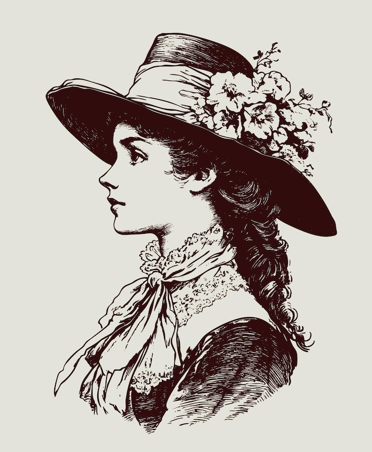Vettore donna vittoriana in profilo con cappello floreale e sciarpa di pizzo