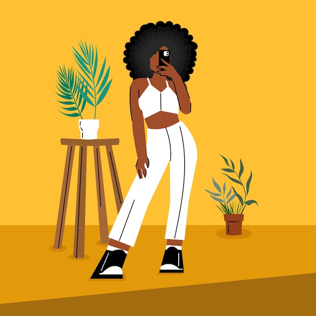Donne afroamericane che prendono la foto di Selfie che posano con l'illustrazione della sedia e del vaso della pianta dello sfondo