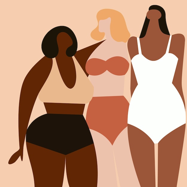 Donne bodypositive e multirazziali vestite in costume da bagno isolate su illustrazione vettoriale beige