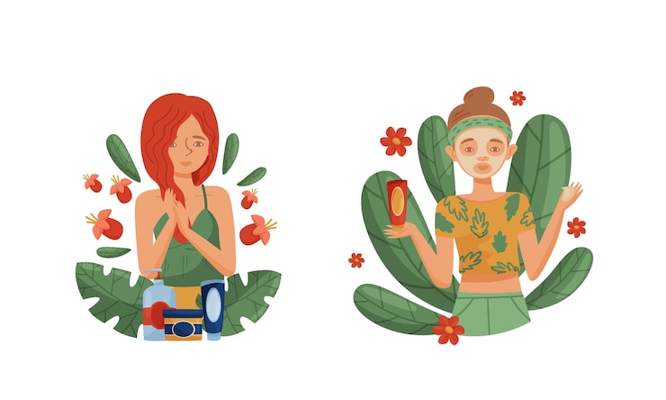 Vettore donne che usano e testano prodotti cosmetici organici naturali con fogliame verde dietro set di illustrazioni vettoriali