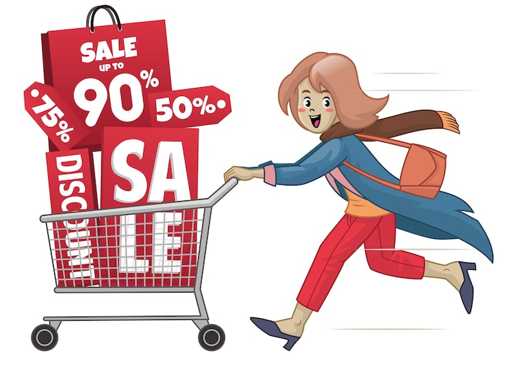 Vettore donne con carrello e shopping promozione saldi