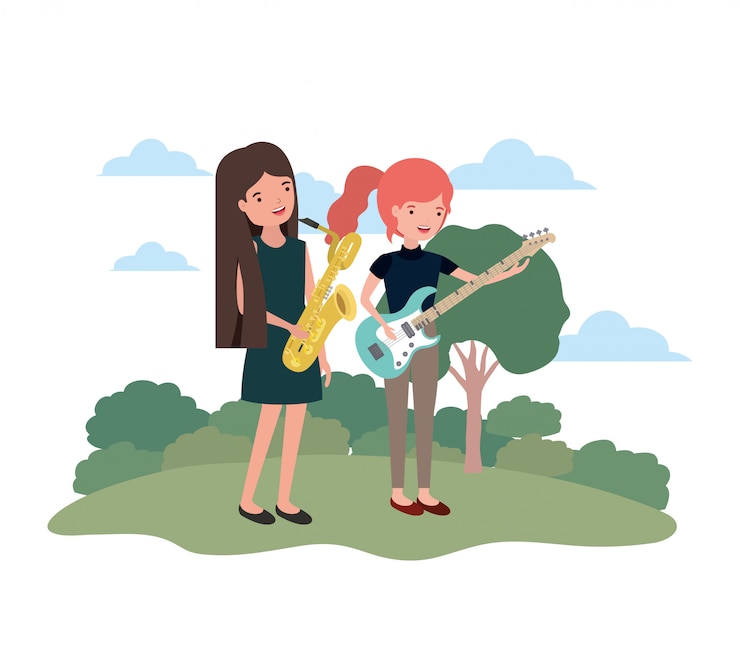 Vettore donne con strumenti musicali nel paesaggio