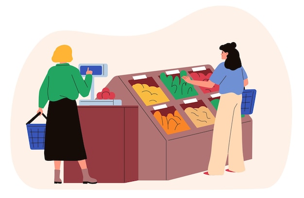 Donne con un carrello in drogheria che scelgono frutta e verdura Clienti del supermercato