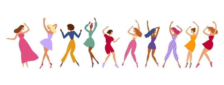 Vettore donne danzanti impostate in stile piatto ragazze attraenti di diverse nazionalità