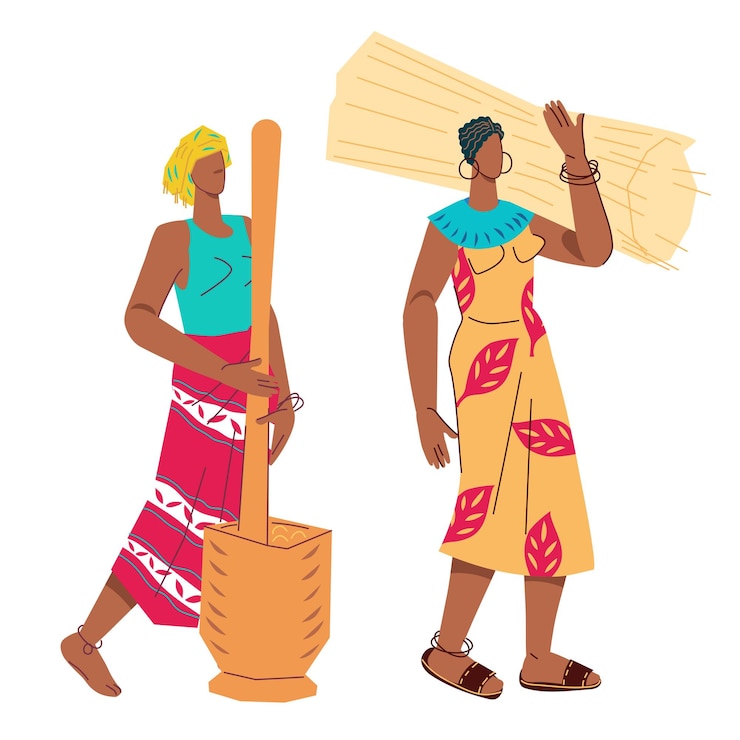 Vettore donne del villaggio africano con strumenti di lavoro e articoli per la casa piatto cartone animato vettore isolato