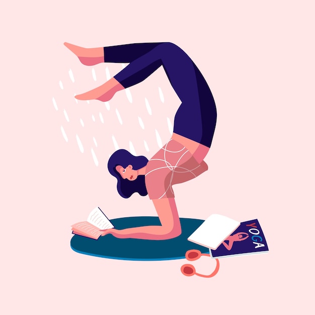 Donne della ragazza che fanno yoga Leggendo libri riviste ascoltando podcast Illustrazione vettoriale