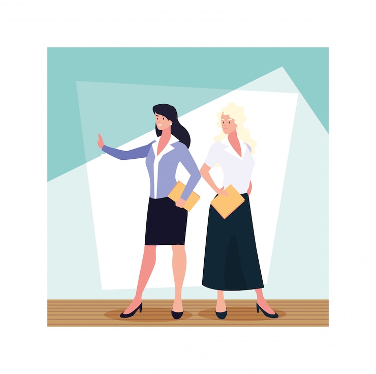 Vettore donne di affari che stanno nell'ufficio del lavoro, donne professionali di affari