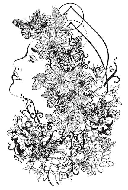 Donne di arte del tatuaggio e disegno e schizzo a mano di fiori