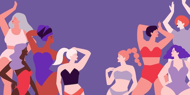 Donne di culture diverse che ballano o stanno insieme. L'amicizia delle donne. Felice giorno delle donne. Festa della mamma. Venera, Venere femmina. Corpo positivo. Biancheria intima. Viola. Veri peri.