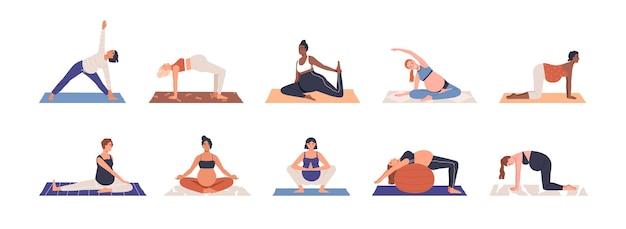 Donne incinte che fanno esercizi di yoga prenatale. Madri con la pancia durante l'allenamento fitness durante la gravidanza. Ginnastica di stretching per le mamme. Illustrazione vettoriale piatta isolata su sfondo bianco.